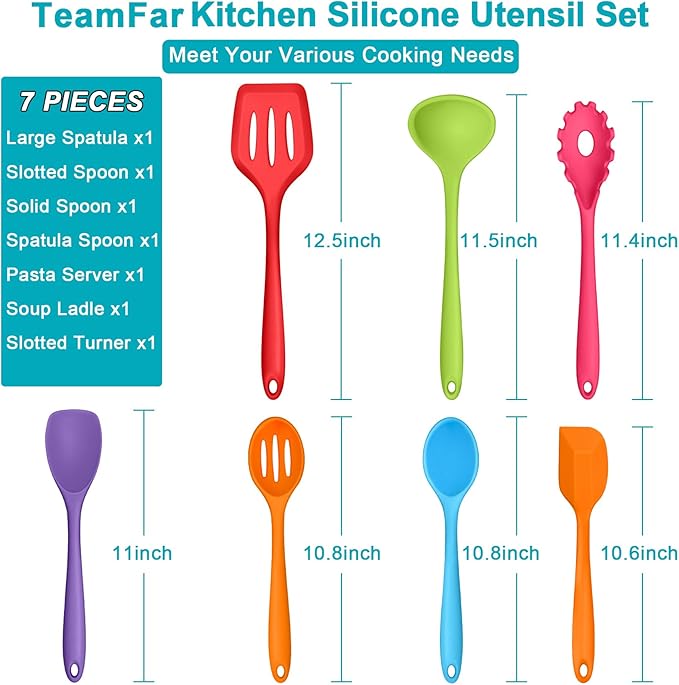 TeamFar Silicone Kitchen Utensils, 7-Piece Kitchen Cooking Utensil Set with Turner Spoon Spatula Ladle, Perfect for Baking Cooking Mixing, Heat-Resistant & Non-Toxic, Dishwasher Safe & Multi Colored - Image 2