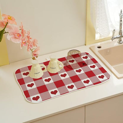 Happy Valentines Day Dish Drying Mat 18 x 24 inch Red Checkered Love Hearts Decorative Drying Mats Microfiber Absorbent Valentine Dish Washable Draining Mat for Kitchen Counter Decor