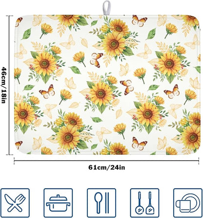 Sunflower Dish Drying Mat for Kitchen Counter Summer Yellow Floral Microfiber Dish Drainer Mat Rustic Farmhouse Absorbent Washable Drying Pad Extra Large 18"x24"
