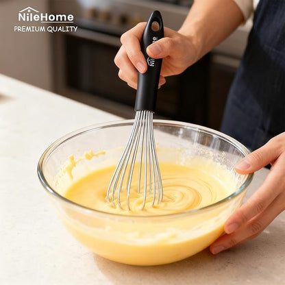 NileHome Silicone Whisk Set 8" 10" 12", 3 Pack Kitchen Whisk Kitchen Wisk Wire Whisks for Cooking, Whisking, Blending, Beating, Stirring-Black Silver - Image 4
