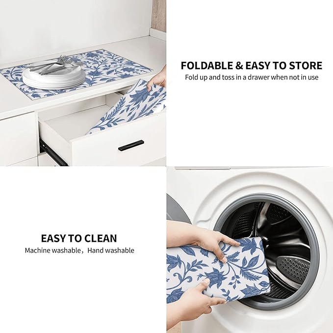 Blue Floral Print Dish Drying Mats for Kitchen Counter, Large 18"x24" Dish Mats for Drying Dishes, Microfiber Absorbent Dish Drying Pad Rack Mat Kitchen Decor Reusable Washable