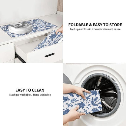 Blue Floral Print Dish Drying Mats for Kitchen Counter, Large 18"x24" Dish Mats for Drying Dishes, Microfiber Absorbent Dish Drying Pad Rack Mat Kitchen Decor Reusable Washable