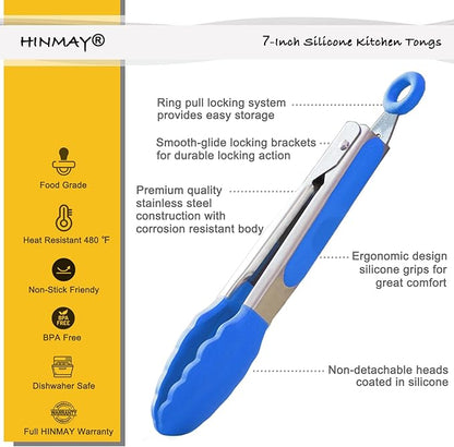HINMAY Small Tongs with Silicone Tips 7-Inch Serving Tongs, Set of 3 (Blue) - Image 2