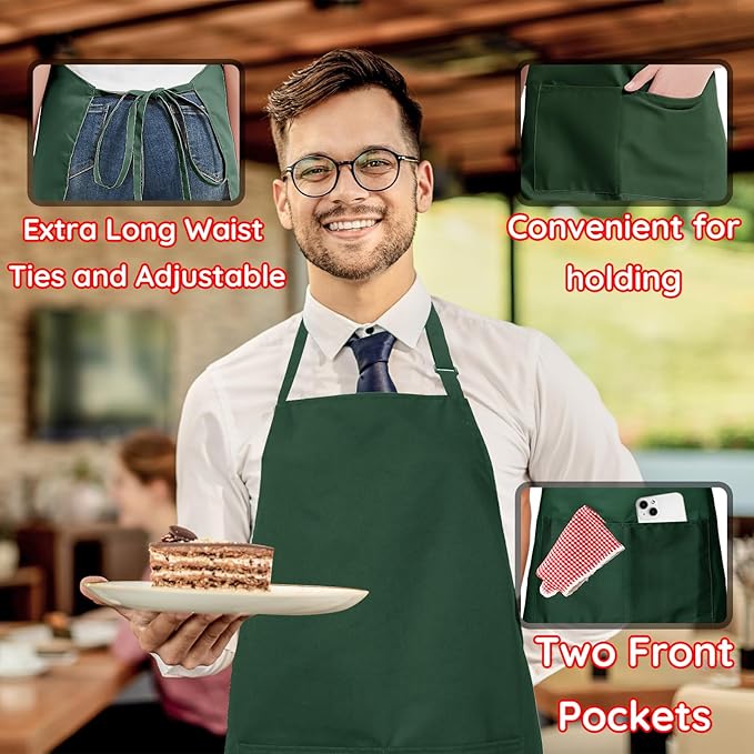 4 Pack Chef Apron, Waterproof Apron, Adjustable Apron with 2 Pockets for Men Women, Apron for Cooking Baking Restaurant(Green) - Image 5
