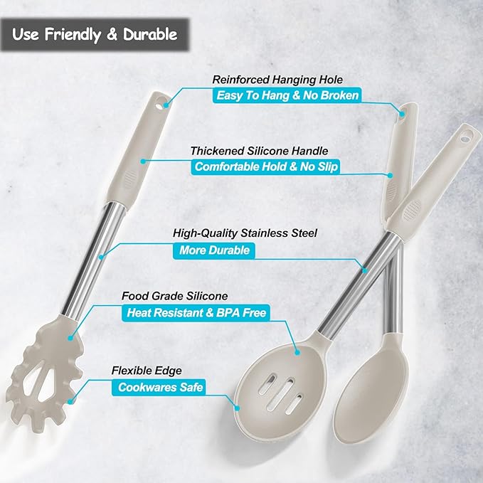 Silicone Spatula and Cooking Spoon,5 Pack Non-Stick Cooking Utensils for Kitchen，Heat Resistant Solid & Slotted Spoons and Spatulas, Stainless Steel Handle Coated with Silicone, Khaki - Image 4