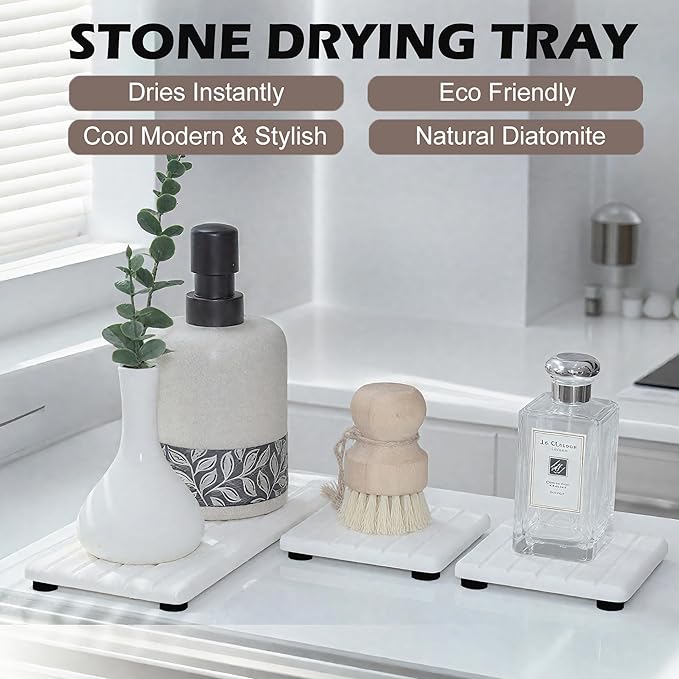 3PCS Stone Drying Tray, Stones Soap Trays, Water Absorbing Stone Tray for Sink, Fast Dry Diatomite Stones Mat, Used for Hand Soaps,Sponge,Toothbrush Holder in Bathroom Counter and Kitchen Sinks - Image 5