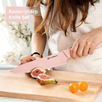 Knife Set, 15 Pieces Knives Sets for Kitchen with Block, Dishwasher Safe Kitchen Knife Set with Built in Sharpener Block, German High Carbon Stainless Steel Knife Block Set with Pink Nonstick Coating - Image 6