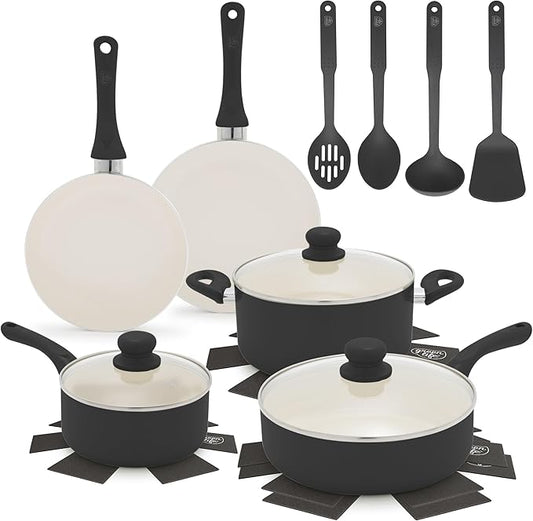 GreenLife 16-Piece Nonstick Cookware Set, Non-Toxic Ceramic Pots and Pans Set, Durable Healthy Kitchen Essentials, Fast Heating, Induction Ready, Easy Clean Dishwasher Safe, PFAS-Free, Graphite Black