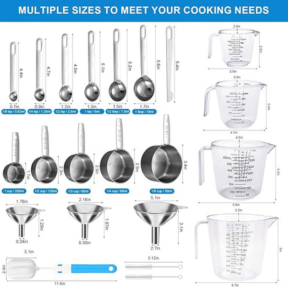 Measuring Cups and Spoons Set 22 Piece, 11 Stainless Steel Nesting Measuring Spoons and Cups with 4 Plastic Measuring Cup, 3 Funnel, 3 Brush, 1 Ruler, Measuring Cup Set for Kitchen Baking Liquid Dry