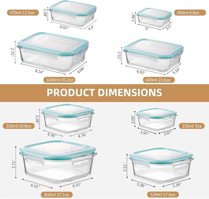 Liuruiyu 8 Pack Glass Food Storage Containers with Lids, Meal Prep Containers, Airtight Bento Boxes with Leak Proof Locking for Microwave, Oven, Freezer and Dishwasher, BPA Free（5oz to 36oz） - Image 6