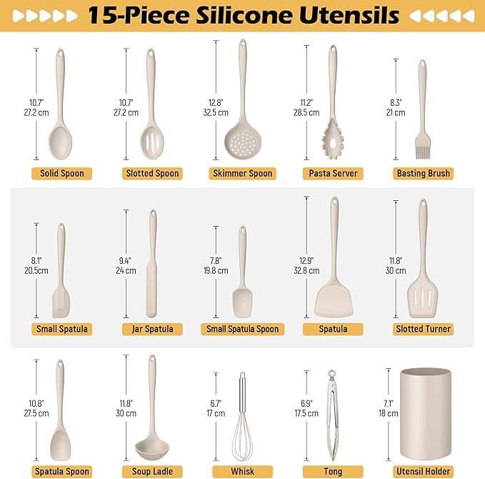 15-Piece Kitchen Cooking Utensils Set with Holder, Homikit Heat Resistant Food Grade Silicone Kitchen Utensils include Slotted Spatula Ladle Turner for Nonstick Cookware, Dishwasher Safe- Khaki - Image 2