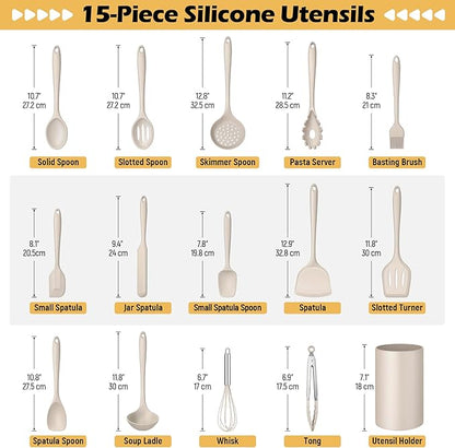 15-Piece Kitchen Cooking Utensils Set with Holder, Homikit Heat Resistant Food Grade Silicone Kitchen Utensils include Slotted Spatula Ladle Turner for Nonstick Cookware, Dishwasher Safe- Khaki - Image 2
