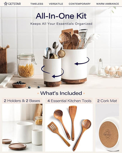 getstar Large Rotating Utensil Holder for Kitchen Counter,7.9"+6" Ceramic Utensils Crocks Set for Countertop Large & Small Utensil Organizer for Spatula Farmhouse Kitchen Decor - Image 3