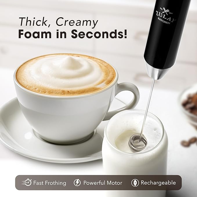 Zulay Kitchen Rechargeable Milk Frother Handheld - Lux 4 Whisks, Powerful 2-Speed Motor, Waterproof, 2000mAh Battery - Drink Mixer for Latte, Cappuccino, Matcha & Protein Powder - Jet Black - Image 2