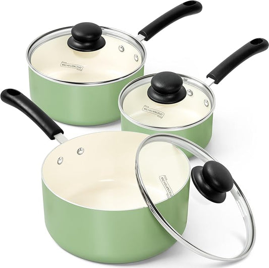 MICHELANGELO Nonstick Sauce Pan with Lid, Ceramic Saucepan Set, Non Toxic Small Saucepans Sets with Stay-Cool Handle, Induction Pots For Cooking, PTFE & PFOA Free - 1Qt & 2Qt & 3Qt, Green by Michelangelo