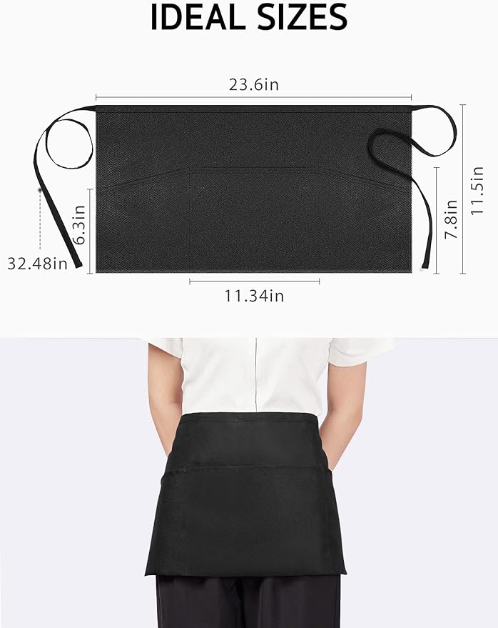 Syntus 3 Pack Server Aprons with 3 Pockets, 100% Cotton Waitress Waiter Waist Apron, 11.5-inch Black - Image 2