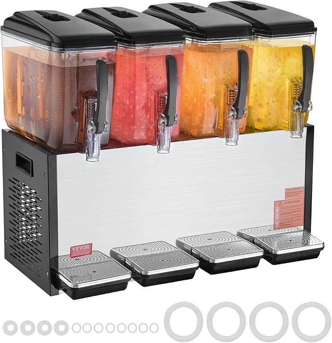 VEVOR Commercial Beverage Dispenser, 4 Tanks 12 L / 12.7 QT Per Tank Juice Dispenser, 510W Stainless Steel Ice Tea Drink Machine with 45°F-54°F Cooling Temperature, for Cold Drink Restaurant Bar Party - Image 9