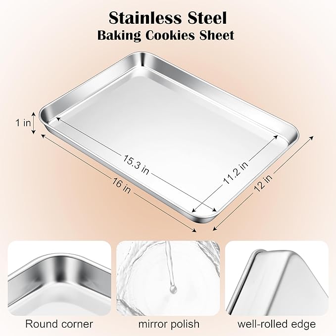 E-far Stainless Steel Baking Sheet, 16” x12” x 1” Baking Cookie Sheet Pan for Oven, Non-toxic Metal Trays for Baking Cake Cookie, Healthy & Rust Free, Mirror Finish & Dishwasher Safe, 1 Pack - Image 2