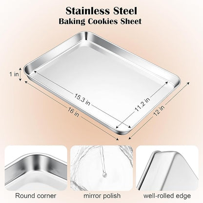 E-far Stainless Steel Baking Sheet, 16” x12” x 1” Baking Cookie Sheet Pan for Oven, Non-toxic Metal Trays for Baking Cake Cookie, Healthy & Rust Free, Mirror Finish & Dishwasher Safe, 1 Pack - Image 2