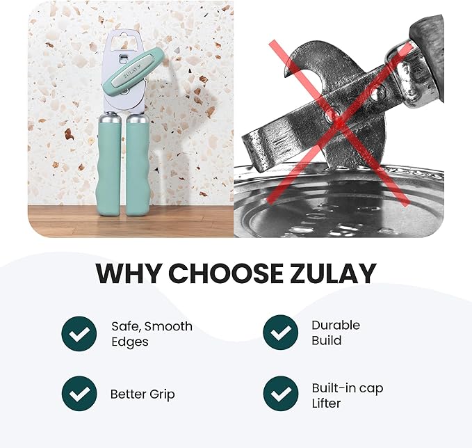 Zulay Kitchen Heavy Duty Stainless Steel Can Opener Manual with Bottle Opener - Rust Proof Manual Can Opener With Turn Knob & Comfy Soft Grip Handles - Mint - Image 7