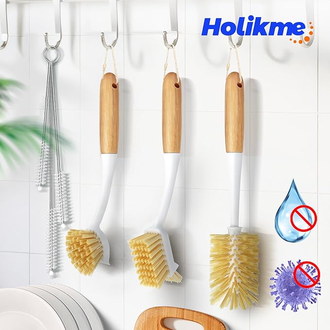 Holikme 6 Pack Dish Brush Set with Bottle Brush, Dish Scrub Brush, Pan Brush and 3 Straw Brushes, Deep Cleaning Handle Brush with Scraper Tip for Kitchen Sink Dishes Bottle Cup Pot and Pans (Yellow) - Image 7