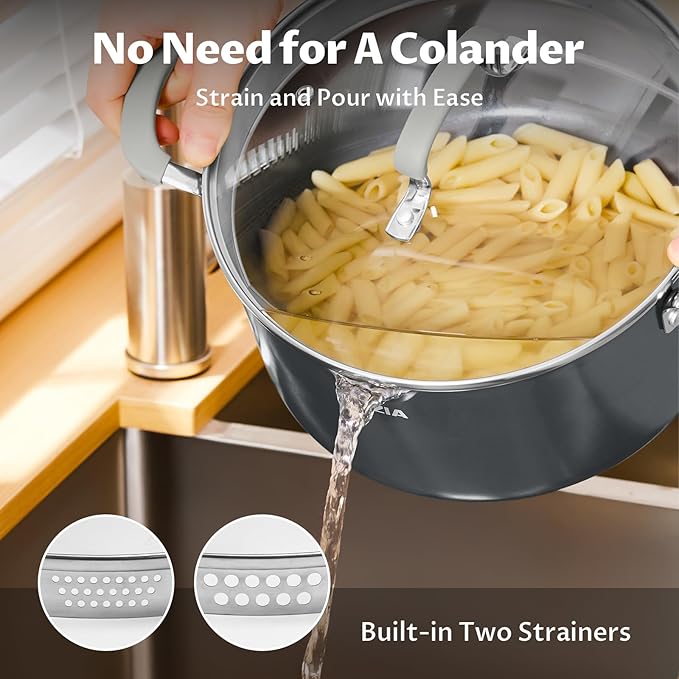 6 Quart Nonstick Stock Pot with Lid, BEZIA PFAS-Free Ceramic Soup Pot, Multipurpose Pasta Pot with Strainer Lid, Induction Cooking Pot, Silicone Handle, Compatible with All Cooktops, Dishwasher Safe - Image 2