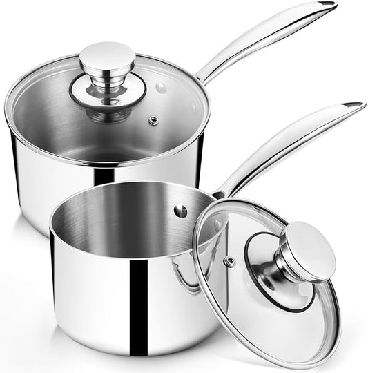 P&P CHEF 2 & 3 Quarts Tri-Ply Stockpot and Saucepan, Stainless Steel Sauce Pan with Lid, Cooking Induction Pot, Kitchen Cookware for All Stoves, Non-Toxic, Sturdy & Dishwasher Safe, 2 Pieces