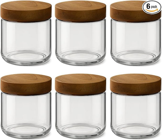 10oz 6 Pack Overnight Oats Containers with Lids, Glass Mason Jars with Acacia Wood Airtight Lids, Wide Mouth Meal Prep Storage Jars for Yogurt, Chia Pudding, Salad, Parfait, Snacks, Spice