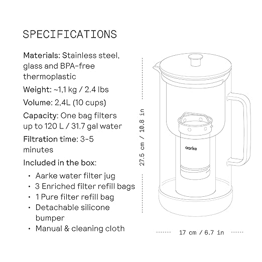 Aarke Purifier Regular Glass Pitcher Bundle w/Steel Filter, BPA-Free, 3 Enriched + 1 Pure Granules, 2.4L Pitcher with 1.18L Filtration Capacity - Image 8