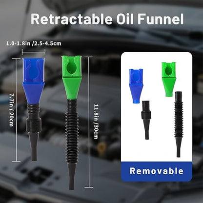 3-Pack Flexible Car Funnel for Oil Change, Retractable Snap-On Automotive Funnel with Adjustable Hose, Leak-Proof Spill-Free Design for Motorcycle, Cars, Repair Shop ﻿