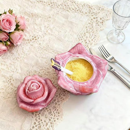 Ceramic Rose Spice Jars - 3D Hand-Sculpted & Hand-Painted Condiment Pots for Salt, Sugar, Pepper (Fuchsia)