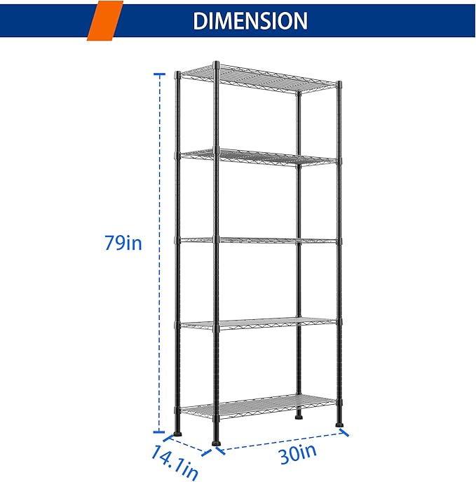 REGILLER 5-Wire Shelving Metal Storage Rack Adjustable Shelves,Standing Storage Shelf Units for Laundry Bathroom Kitchen Pantry Closet(Black,14.1" D x 30" W x 79" H) - Image 3