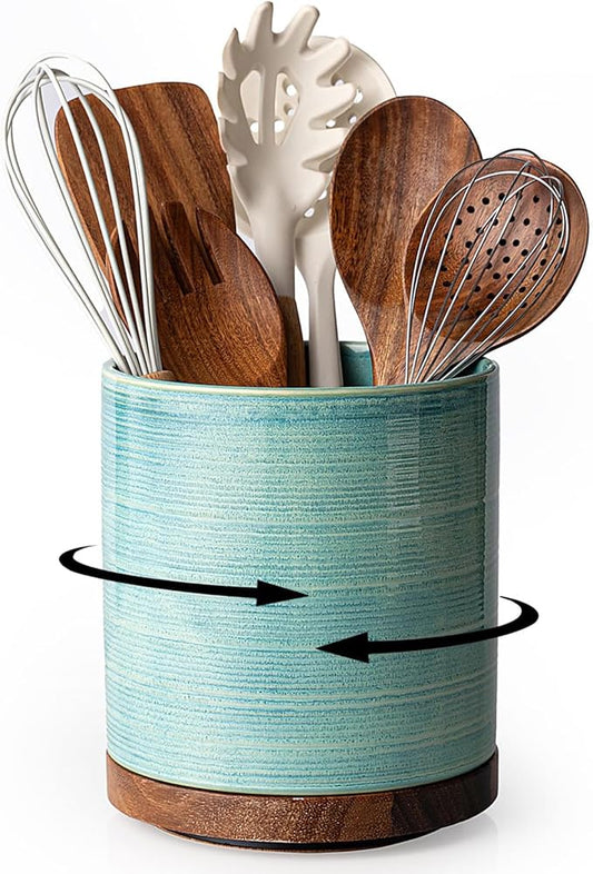 Utensil Holder, 360° Rotating Extra Large Ceramic Kitchen Utensil Holder for Countertop, Cooking Utensil Crocks for Counter with Rotatable Wooden Base, Farmhouse Kitchen Decor, Green by MIKIGEY