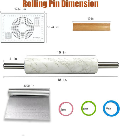 White Marble Rolling Pin with Stainless Steel Handles Baking Set - Silicone Baking Mat, Stainless Steel Dough Cutter, 3 Multicolor Thickness Guides & Wooden Base, Ideal for Pastry, Dough & Pizza - Image 5