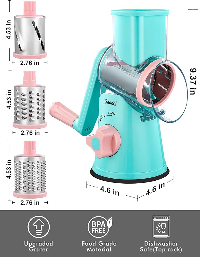 Geedel Rotary Cheese Grater, Kitchen Mandoline Vegetable Slicer with 3 Interchangeable Blades, Easy to Clean Rotary Grater Slicer for Fruit, Vegetables, Nuts - Image 9