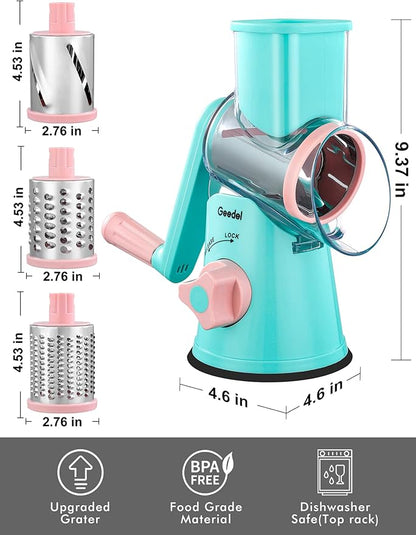 Geedel Rotary Cheese Grater, Kitchen Mandoline Vegetable Slicer with 3 Interchangeable Blades, Easy to Clean Rotary Grater Slicer for Fruit, Vegetables, Nuts - Image 9