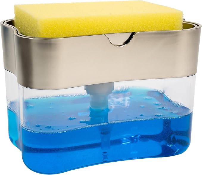 S&T INC. Dish Soap Dispenser and Sponge Holder for Kitchen Sink, Sponge Included, 13 Ounces, Metallic Silver by STINC