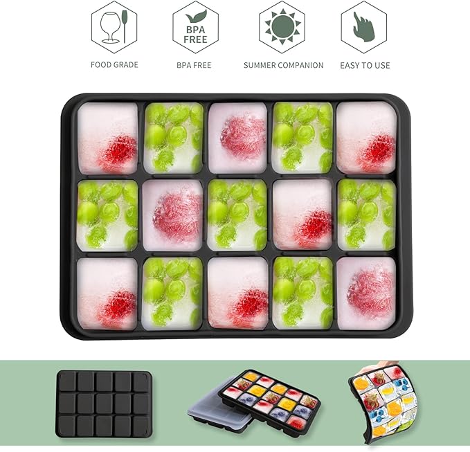 Tvmania Ice Cube Trays Set of 2, Easy Release 15 Flexible Silicone Ice Cube Molds with Removable Lid Reusable Freezer Ice Trays Stackable for Whiskey, Baby Food, BPA Free (black) - Image 4