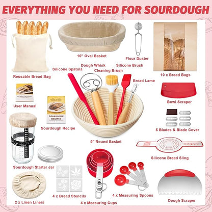 EWFEN Sourdough Starter Kit with Round & Oval Banneton, Complete Sourdough Bread Baking Supplies, Bread Proofing Basket with Starter Jar, Bread Making Tools Kit for Beginners & Bakers - Image 2