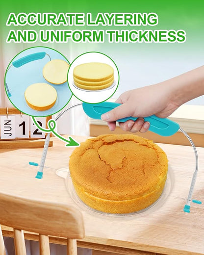 Adjustable 2- Wire Cake Slicer Leveler Small Cake Cutter Slicer for Leveling Tops of Layer Cakes Professional Baking Tool with Stainless Steel Wires and Sea Blue Handle