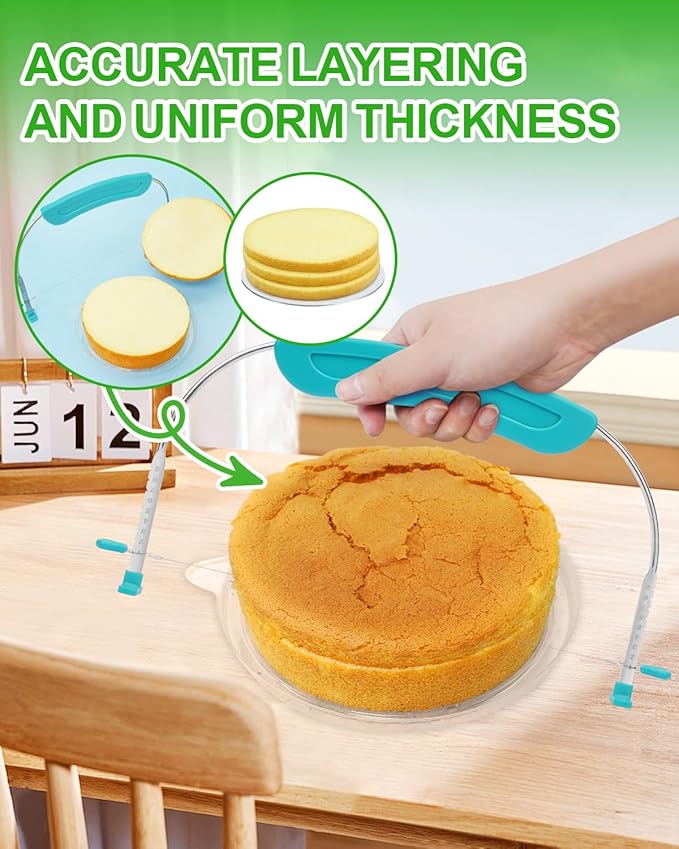 Adjustable Cake Slicer Leveler Small Cake Cutter Slicer for Leveling Tops of Layer Cakes Professional Baking Tool with Stainless Steel Wires and Sea Blue Handle