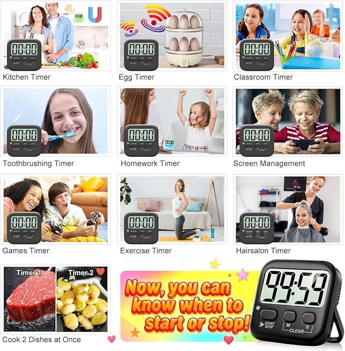 Antonki 2 Pack Digital Timer for Kids, Magnetic Countdown Kitchen Timers for Cooking, Egg, Classroom, Teacher, Exercise, Study, Oven - Battery Included - Image 7