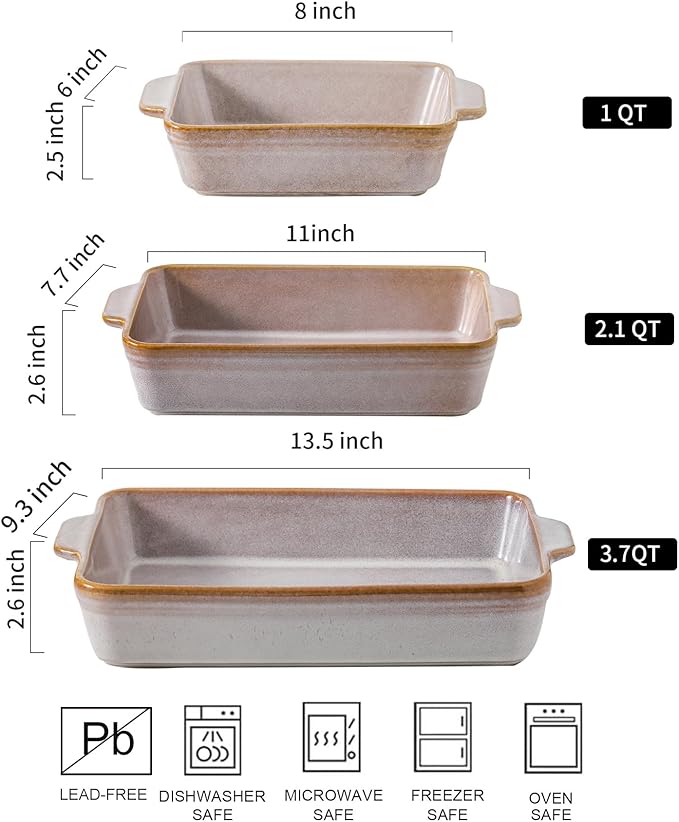 HVH 9x13 Baking Dish Set, Large Casserole Dishes for Oven, Ceramic Bakeware Set of 3, Rectangular Lasagne Pan Deep for Baking (Sand Color) - Image 4