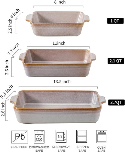 HVH 9x13 Baking Dish Set, Large Casserole Dishes for Oven, Ceramic Bakeware Set of 3, Rectangular Lasagne Pan Deep for Baking (Sand Color) - Image 4