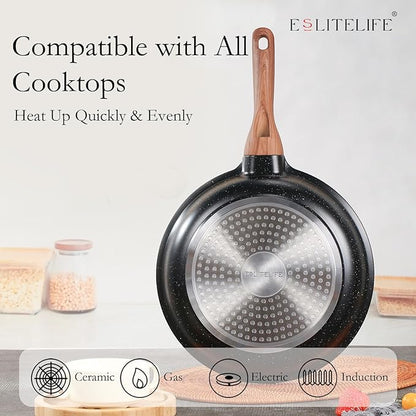 ESLITE LIFE Nonstick Ceramic Frying Pan Skillet with Lid, Non-Toxic Egg Omelette Kitchen Cooking Pans Compatible with All Stovetops (Gas, Electric & Induction), PTFE & PFOA Free (Black, 8" w/Lid) - Image 4