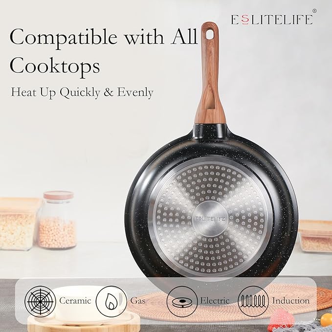 ESLITE LIFE Nonstick Ceramic Frying Pans Skillets Set, Non-Toxic Egg Omelette Kitchen Cooking Pans Compatible with All Stovetops (Gas, Electric & Induction), PTFE & PFOA Free (Black) - Image 4