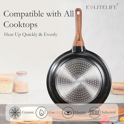 ESLITE LIFE Nonstick Ceramic Frying Pans Skillets Set, Non-Toxic Egg Omelette Kitchen Cooking Pans Compatible with All Stovetops (Gas, Electric & Induction), PTFE & PFOA Free (Black) - Image 4