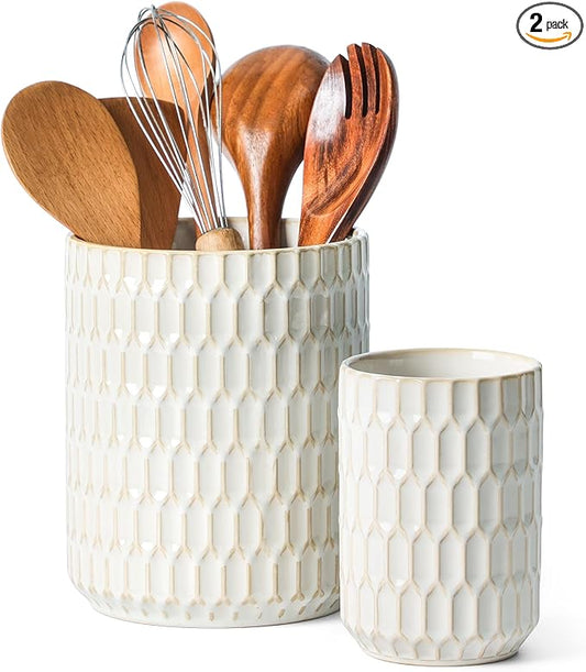 Utensil Holder, 7.5"+5.3" Ceramic Kitchen Utensil Holder for Countertop, Large Cooking Utensil Crock for Kitchen Counter, Set of 2, Beige by Artebake