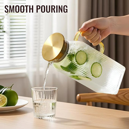 2 Liter/68 oz Square Glass Pitcher with Lid, Classic Stripes Water Pitchers with Handle for Fridge, Large Jug for Iced Tea, Coffee, Borosilicate Glass Carafe for Hot/Cold Brew Drink, Gold - Image 6