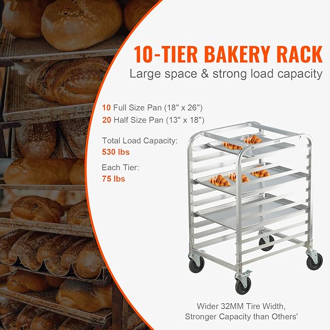 VEVOR 10-Tier Bun Pan Rack, Aluminum Racking Trolley Storage with Brake Wheels, Commercial Bakery Racks for Half & Full Sheet, Speed Rack For Kitchen Home, Bread Baking Equipment, 26"L x 20.3"W x 39"H - Image 3